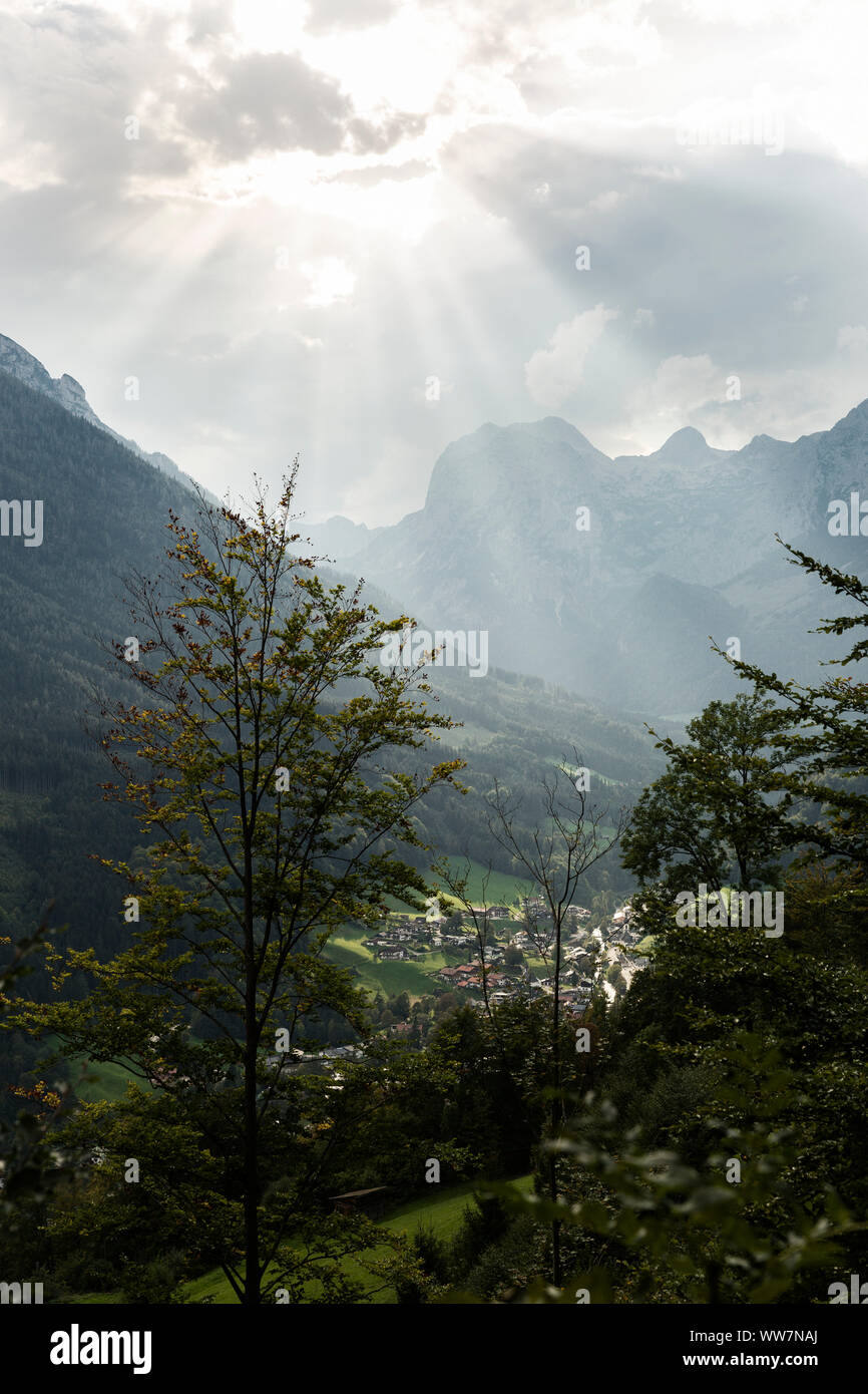 Berchtesgaden, Alps, Ramsau, clouds, sunrays, Ramsau Dolomites Stock Photo