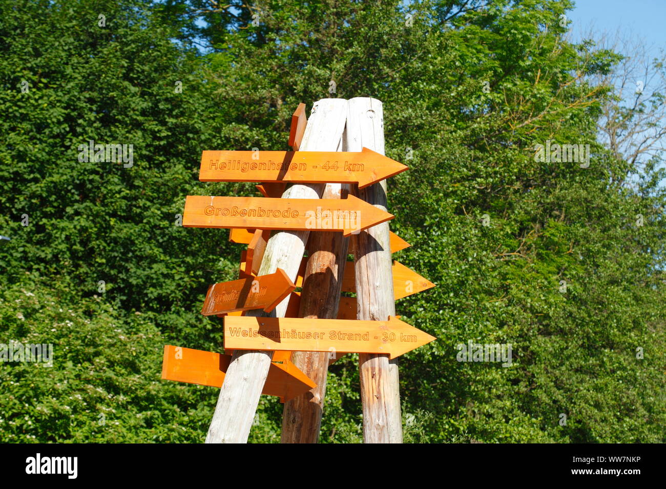 Wooden signpost, lake park in the GroÃŸer Eutiner See, Eutin, Schleswig-Holstein, Germany, Europe Stock Photo