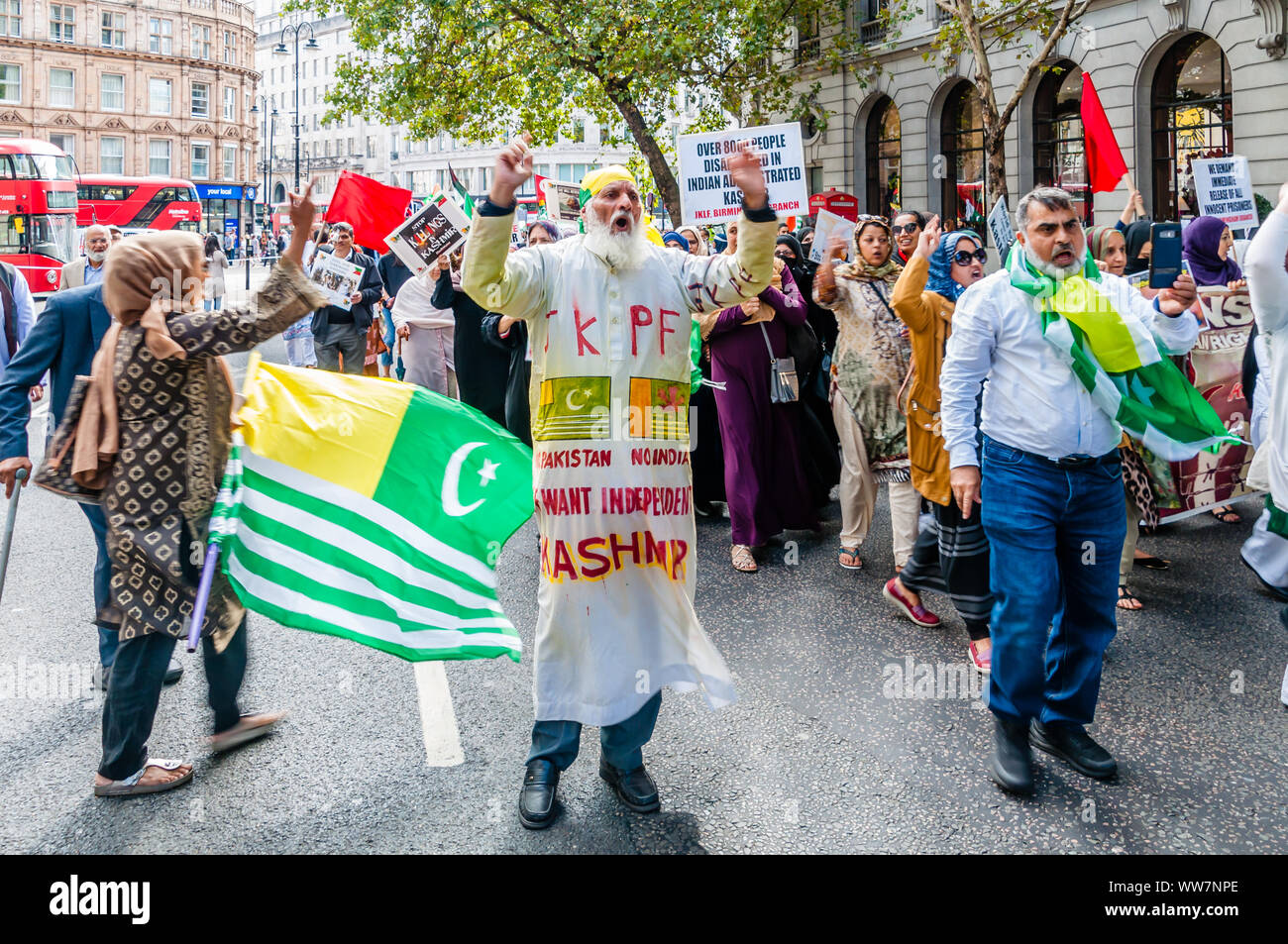 London, England, UK. September 03, 2019: Crowds gather in Indian embassy to protest violent beatings and even torture in Indian-administered Kashmir Stock Photo