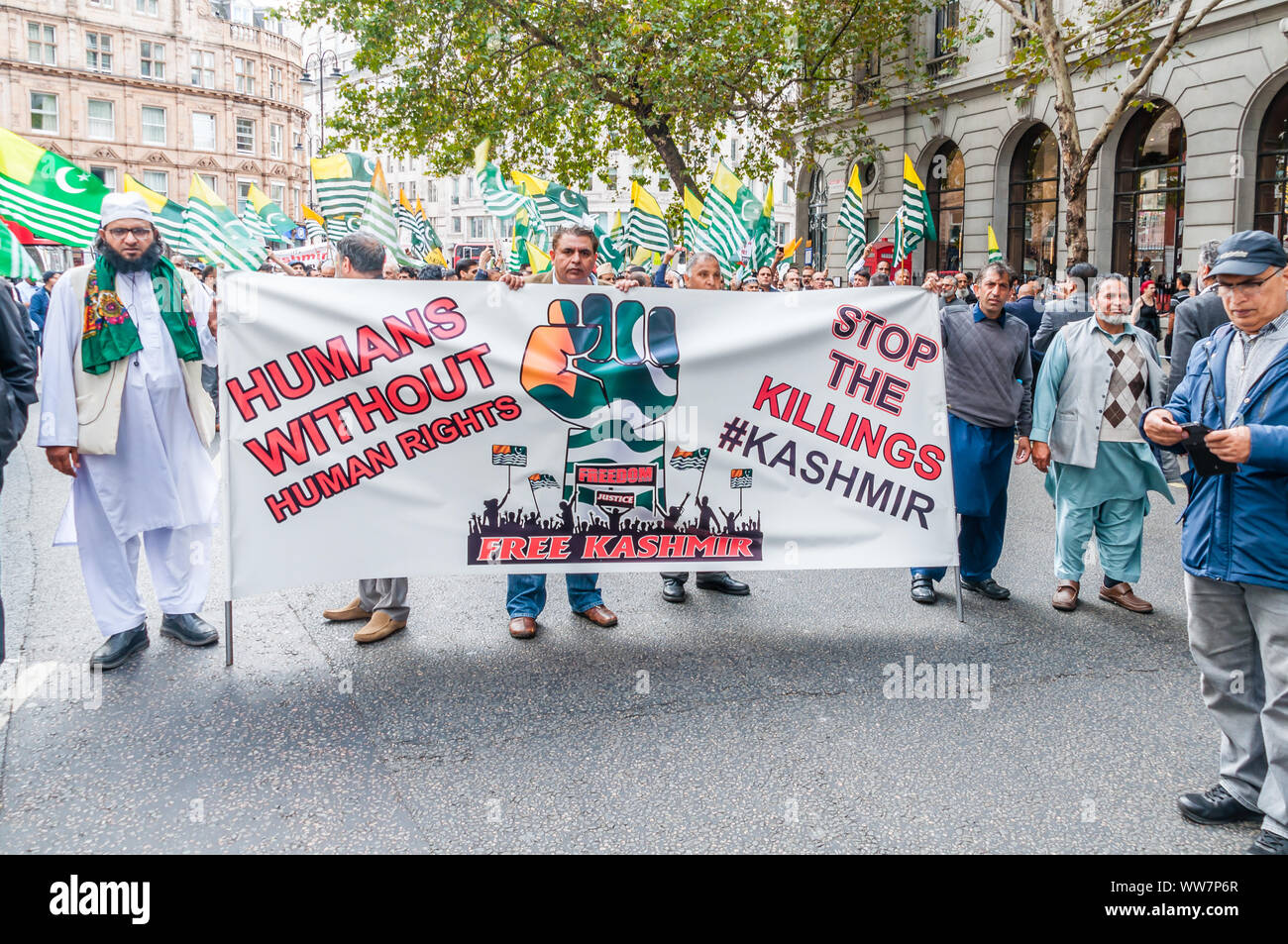 London, England, UK. September 03, 2019: Crowds gather in Indian embassy to protest violent beatings and even torture in Indian-administered Kashmir Stock Photo