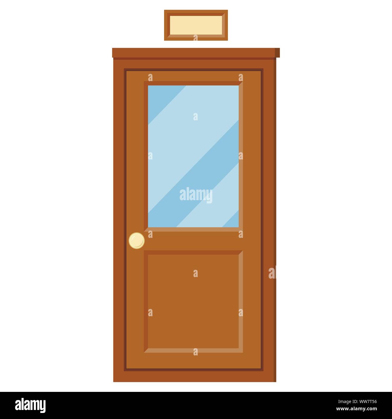 Vector flat design closed school classroom door with glass,nameplate icon, entrance door isolated on white backgroud. Stock Vector