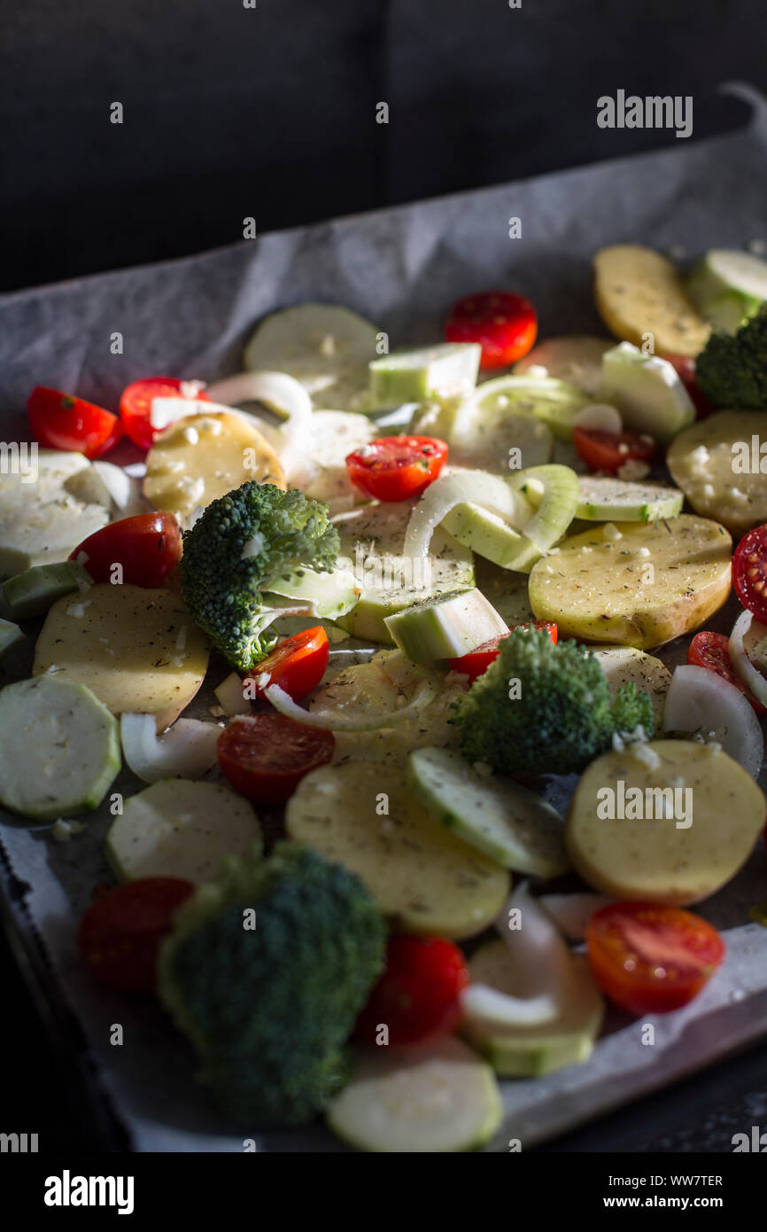 Ovenroasted vegetables on baking sheet Stock Photo Alamy