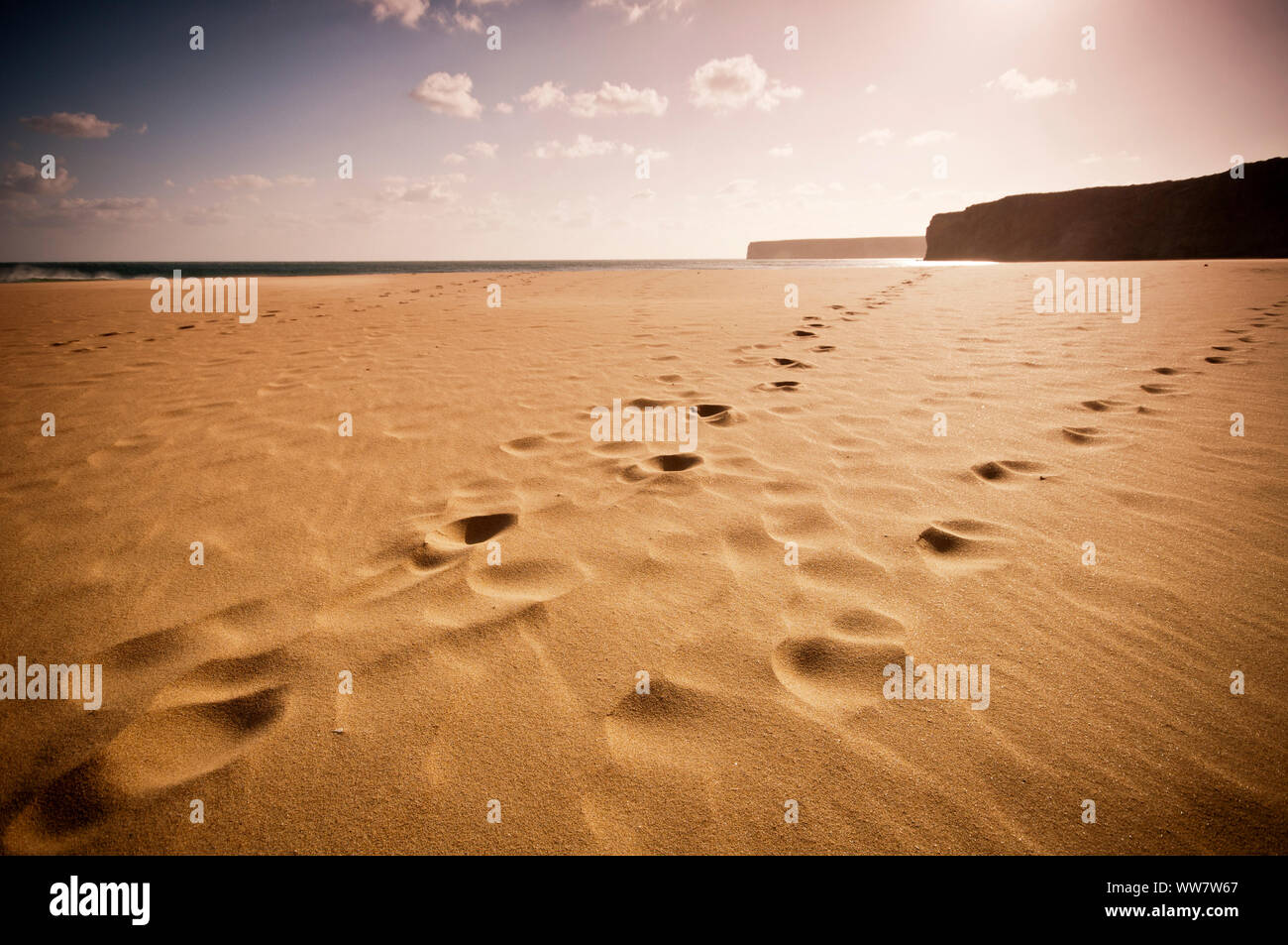 infinite beach in portugal with yellow sand and footprint. mountains and rocks. travel and vacation concept with no tourists and tourism Stock Photo
