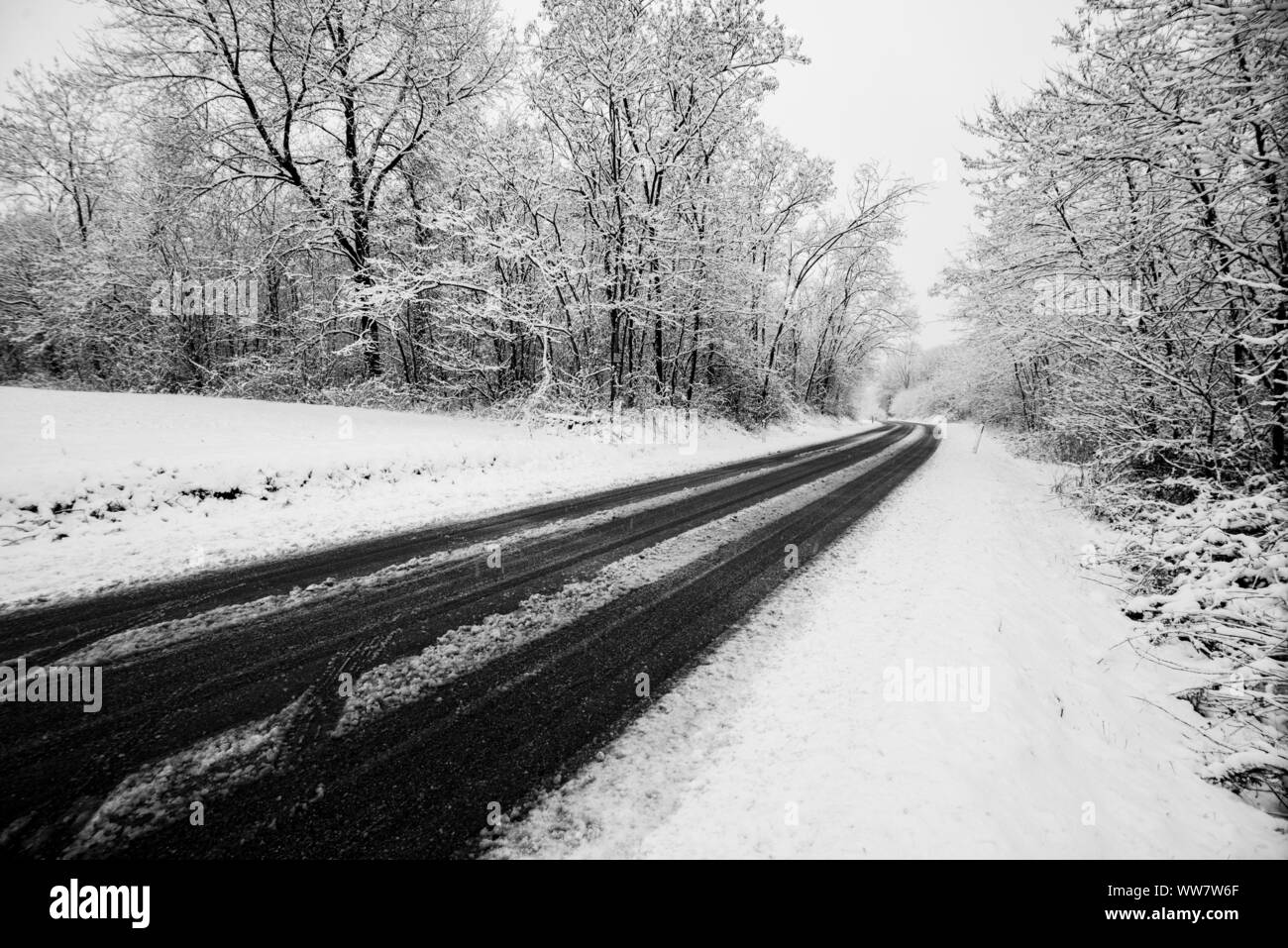 winter road with snow on the ground. travel in difficult way to enjoy the colder season. white image with black asphalt in contrast. drive and travel concept Stock Photo