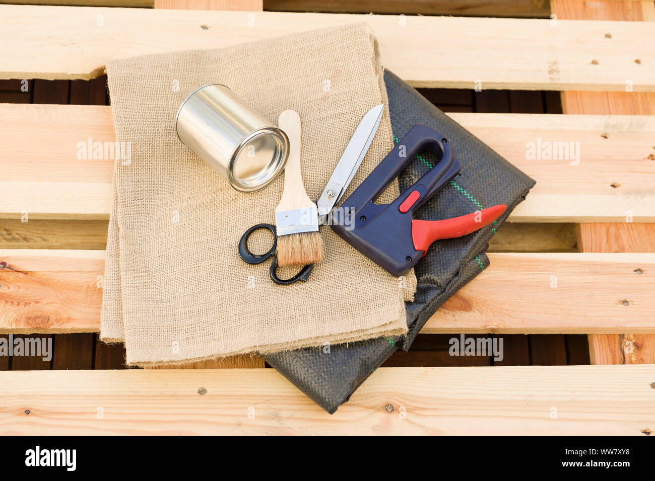 Self-built herb garden, accessories, materials Stock Photo