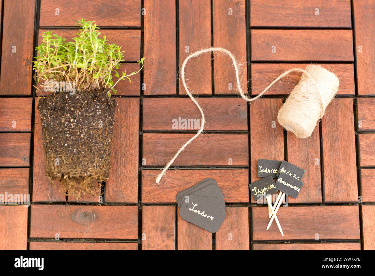 Selfmade herb garden, accessories, signs, materials, string Stock