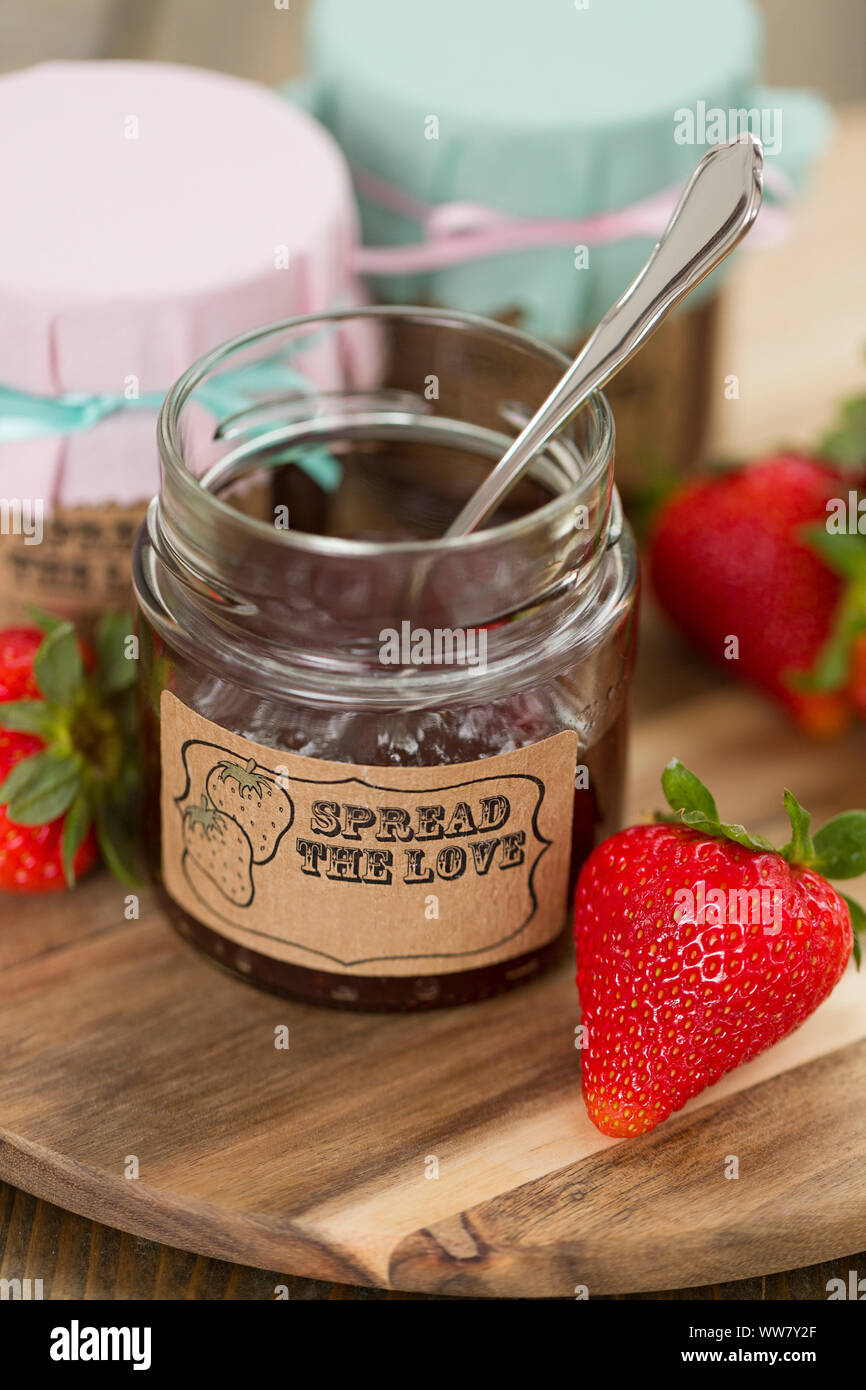 Strawberry jam, preserving jar, serving tray, Stock Photo