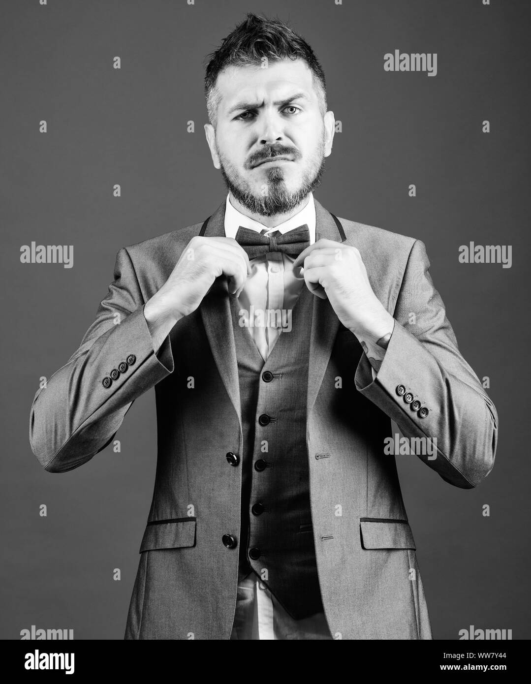 Well groomed man with beard in formal suit jacket. Male fashion and aesthetic. Businessman formal outfit. Classic style aesthetic. Perfect suit fit him. Menswear shop. Man adjust suit with bow tie. Stock Photo