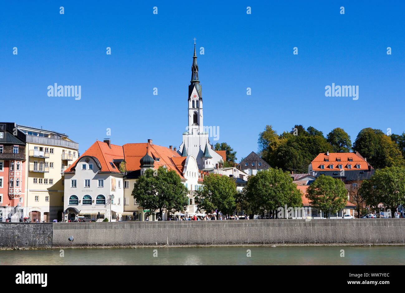 Bad Tölz, view at the old town with the town parish Church of the Assumption of Mary in the city centre Stock Photo