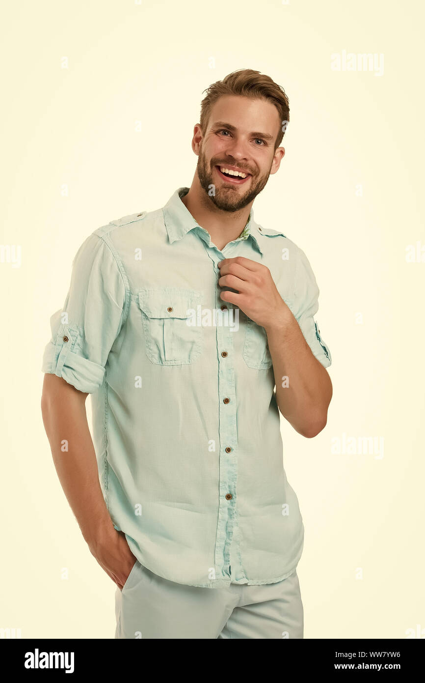 It Is Hot Here Man Handsome Bearded Guy Smiling On White