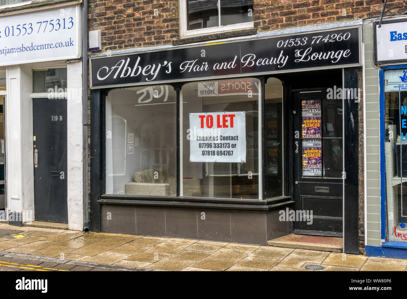 Empty shop to let in King's Lynn. King's Lynn is one of the towns eligible for support from new government Towns Fund. Stock Photo