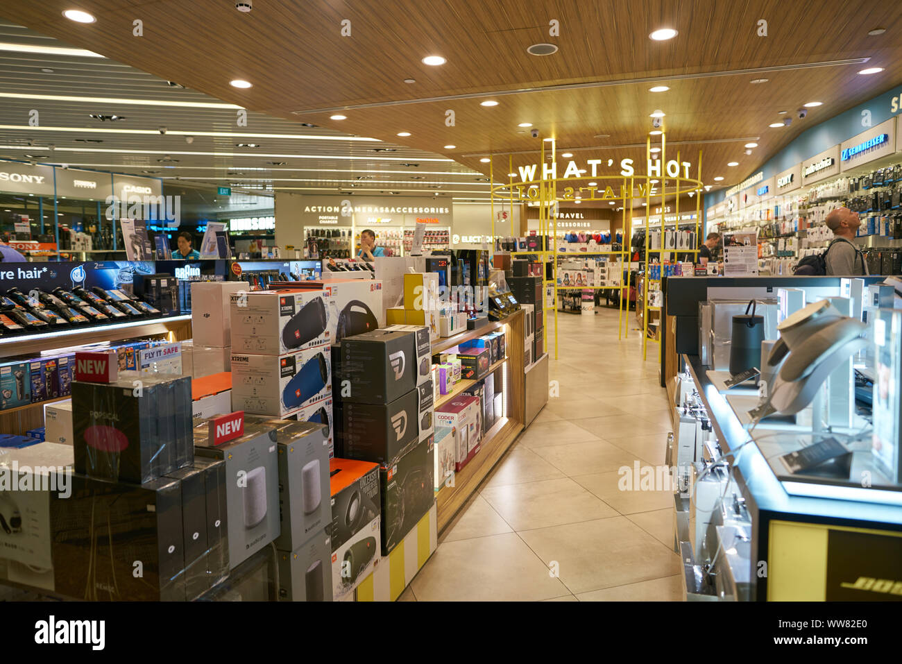 SINGAPORE - CIRCA APRIL, 2019: goods on display at an electronics store in Singapore Changi Airport. Stock Photo