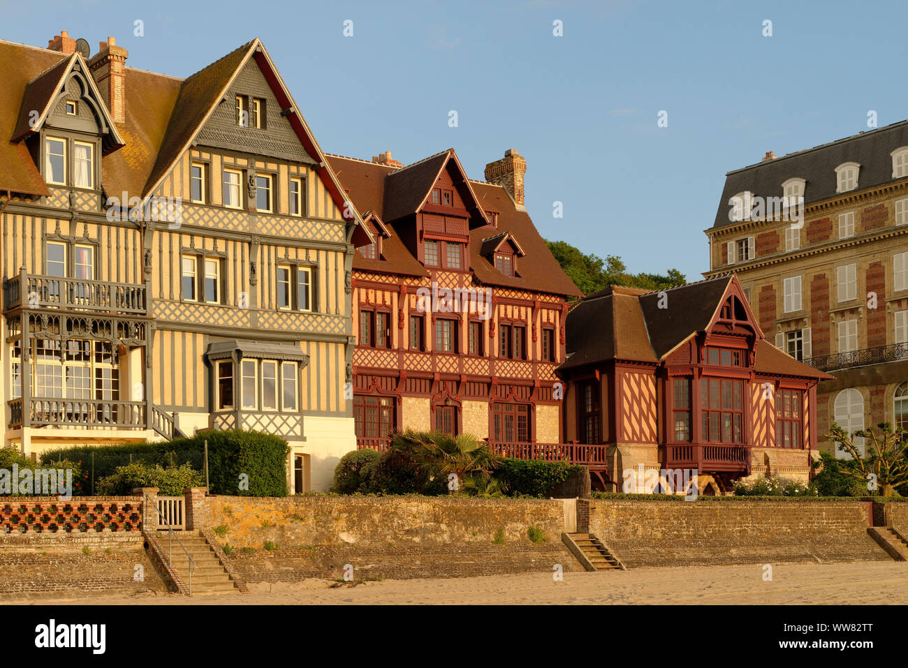 Seafront in Trouville-sur-Mer at the Cote Fleurie in the evening light, Departement Calvados, Basse-Normandie, English Channel, France Stock Photo