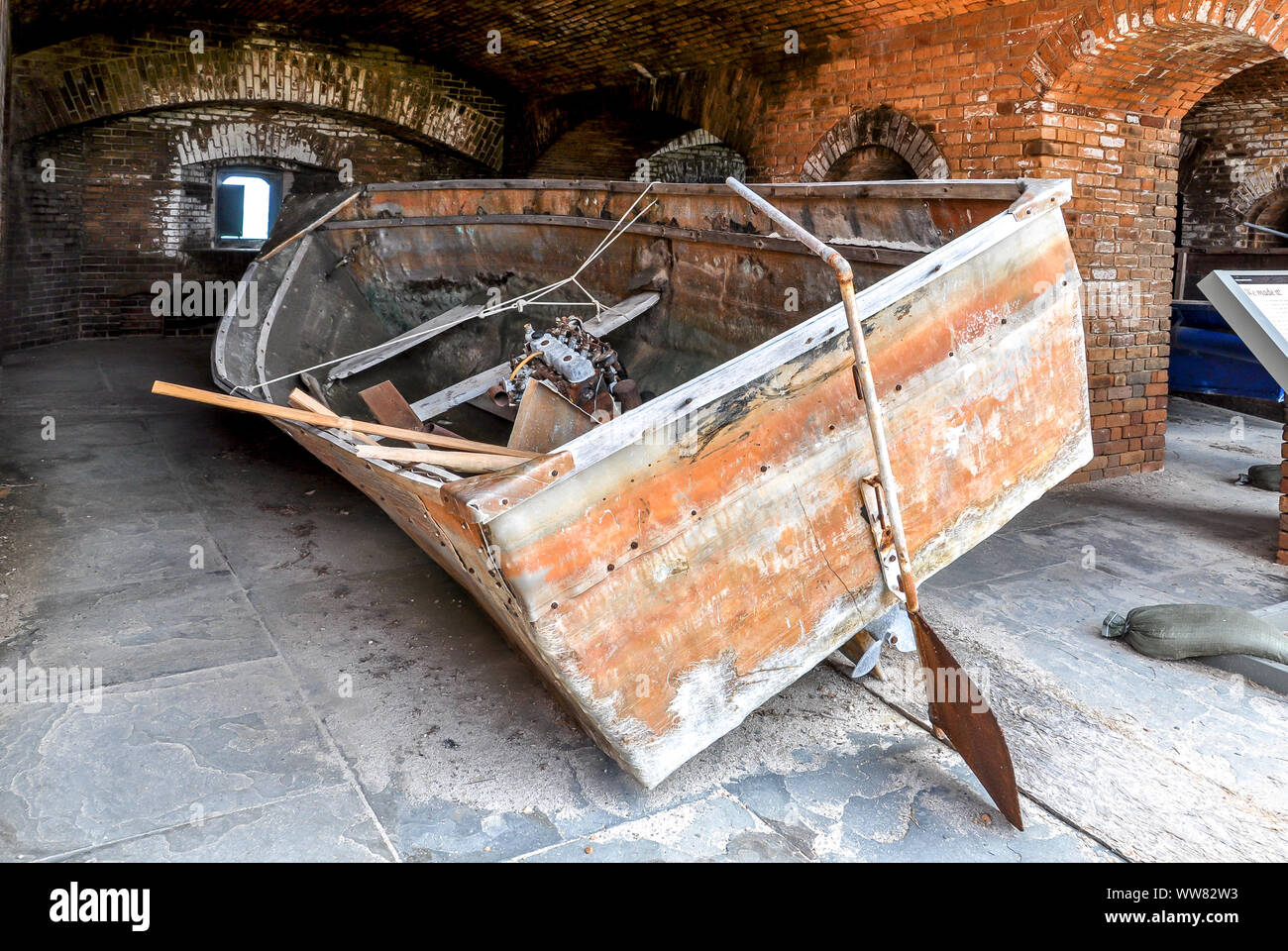 A balsa cubana boat used by 33 Cubans to cross from Cuba to Loggerhead Key in 2007, qualifying for dry foot immigration. On display at Fort Jefferson. Stock Photo