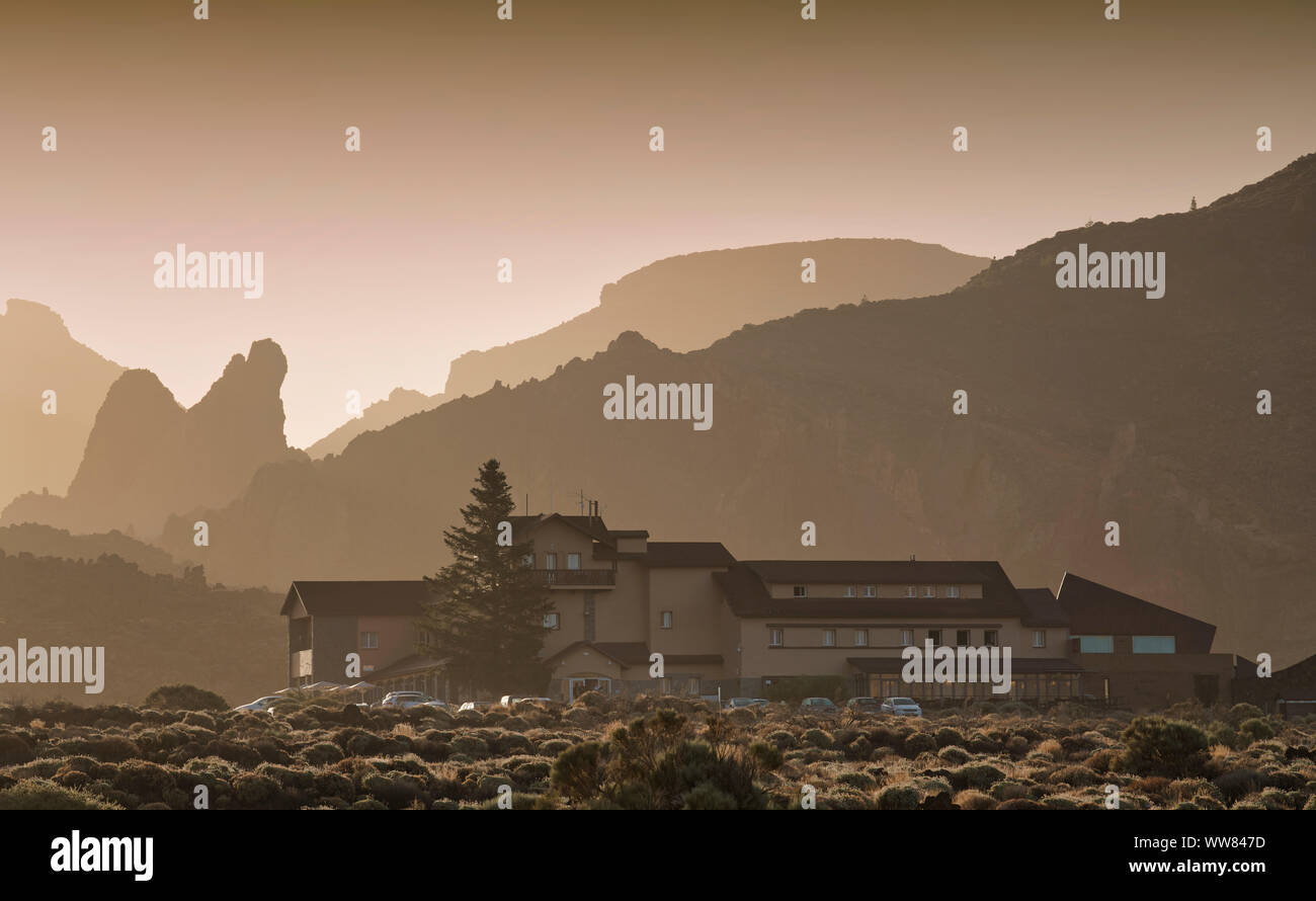 state hotel Parador nacional in front of mountain Guajara in the morning light, National Park Canadas del Teide, Tenerife, Canary Islands, Spain Stock Photo