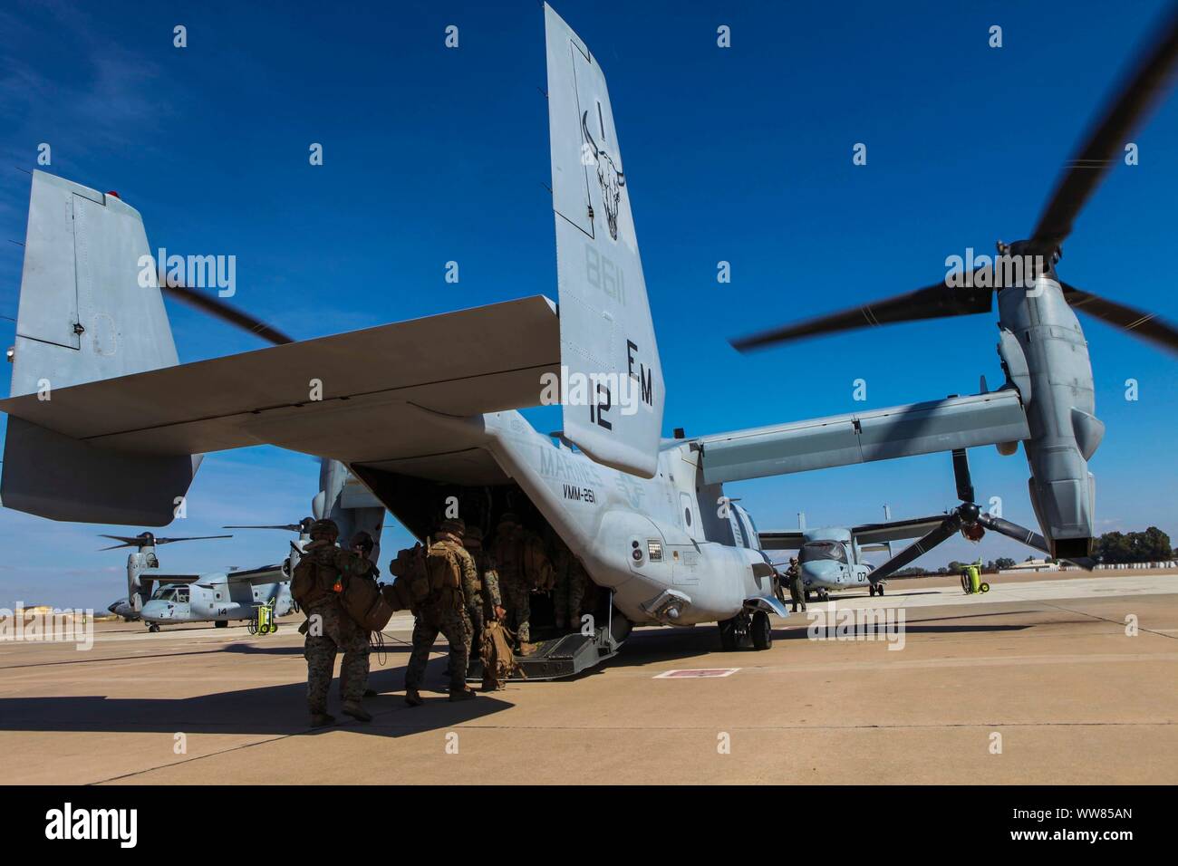 U.S. Marines with Special Purpose Marine Air-Ground Task Force-Crisis Response-Africa 19.2, Marine Forces Europe and Africa, board a U.S. Marine Corps MV-22B Osprey at  Moron Air Base, Spain, during a tactical recovery of aircraft and personnel exercise, Sept. 10, 2019. TRAP is a core function of a crisis-response force and SPMAGTF-CR-AF 19.2 consistently trains to increase TRAP proficiency by rehearsing realistic scenarios. SPMAGTF-CR-AF is deployed to conduct crisis-response and theater-security operations in Africa and promote regional stability by conducting military-to-military training e Stock Photo