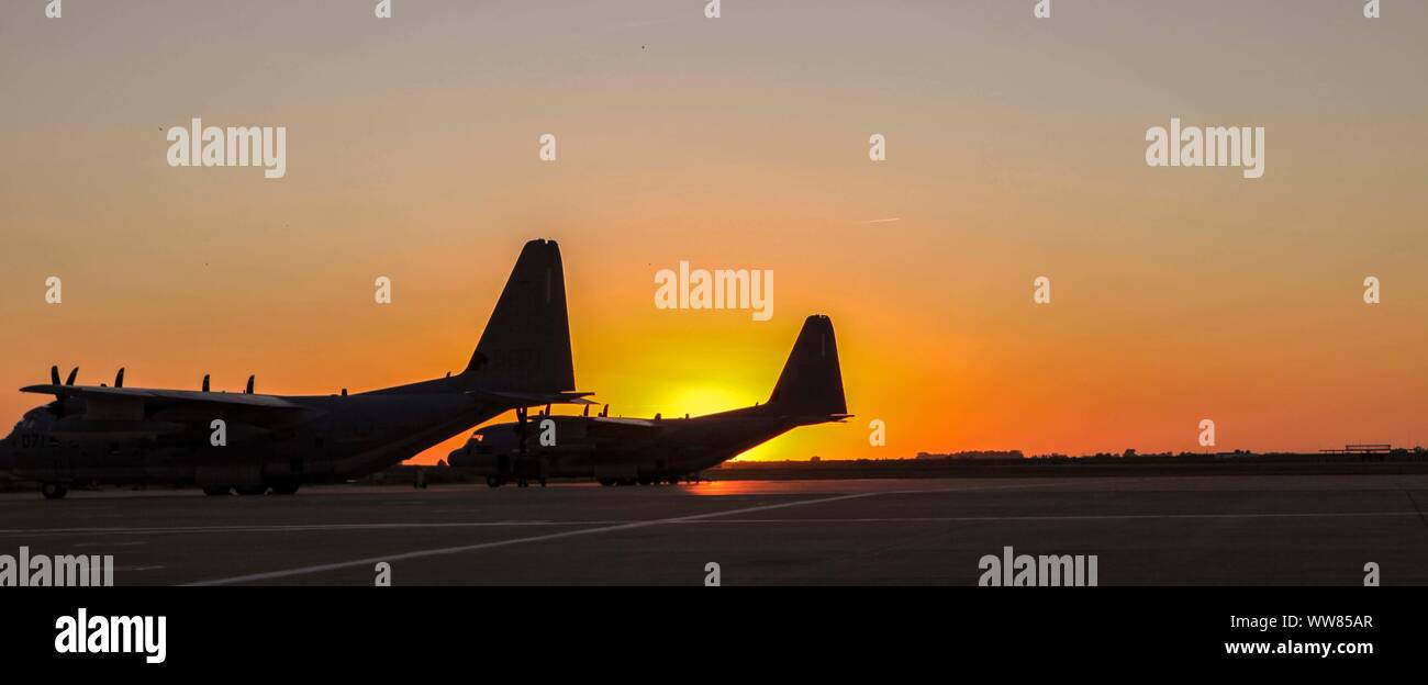 U.S. Marine Corps KC-130J Super Hercules sits on the flight line  at Moron Air Base, Spain, following a tactical recovery of aircraft and personnel exercise, Sept. 10, 2019. Special Purpose Marine Air-Ground Task Force-Crisis Response-Africa 19.2, Marine Forces Europe and Africa, executed the TRAP rehearsal from Moron Air Base to Morocco in order to increase alert-force proficiency and crisis-response capabilities. SPMAGTF-CR-AF is deployed to conduct crisis-response and theater-security operations in Africa and promote regional stability by conducting military-to-military training exercises t Stock Photo