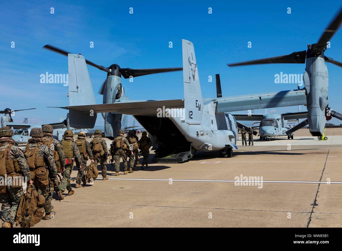 U.S. Marines with Special Purpose Marine Air-Ground Task Force-Crisis Response-Africa 19.2, Marine Forces Europe and Africa, board a U.S. Marine Corps MV-22B Osprey at Moron Air Base, Spain, during a tactical recovery of aircraft and personnel exercise, Sept. 10, 2019. TRAP is a core function of a crisis-response force and SPMAGTF-CR-AF 19.2 consistently trains to increase TRAP proficiency by rehearsing realistic scenarios. SPMAGTF-CR-AF is deployed to conduct crisis-response and theater-security operations in Africa and promote regional stability by conducting military-to-military training ex Stock Photo