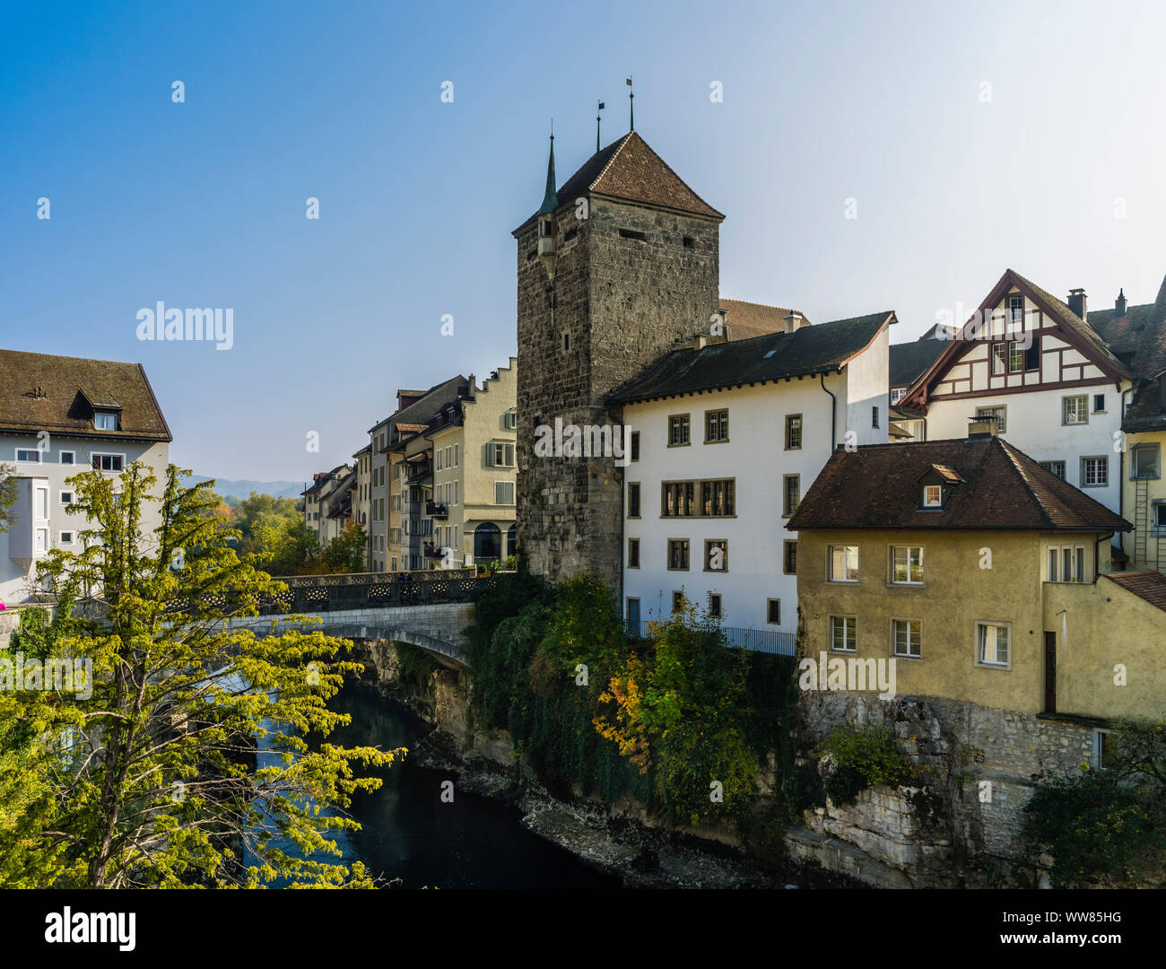 Historical old town of Brugg in the Canton of Aargau, black tower Stock Photo