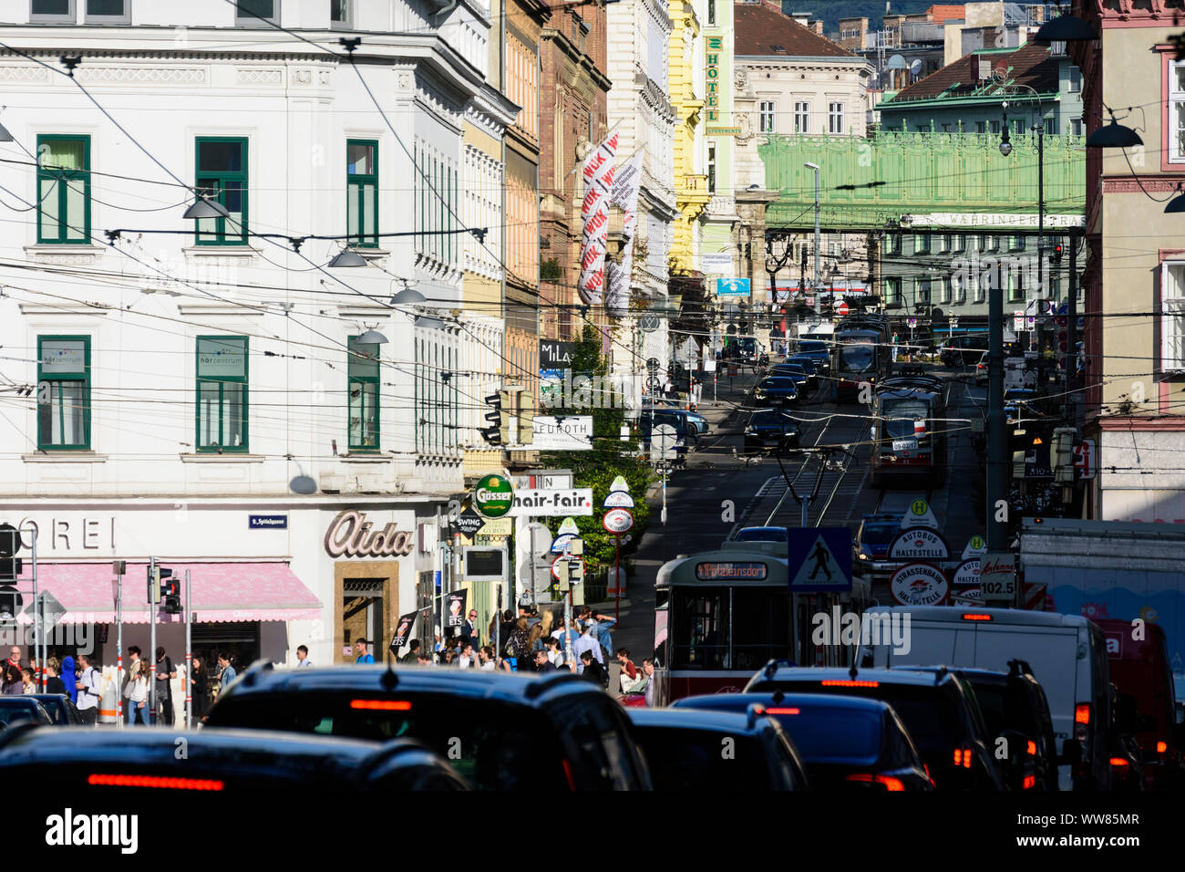 Wien, Vienna: street Währinger Straße, streetcar, cars, subway line 6, traffic jam, Austria, Wien, 09. Alsergrund Stock Photo