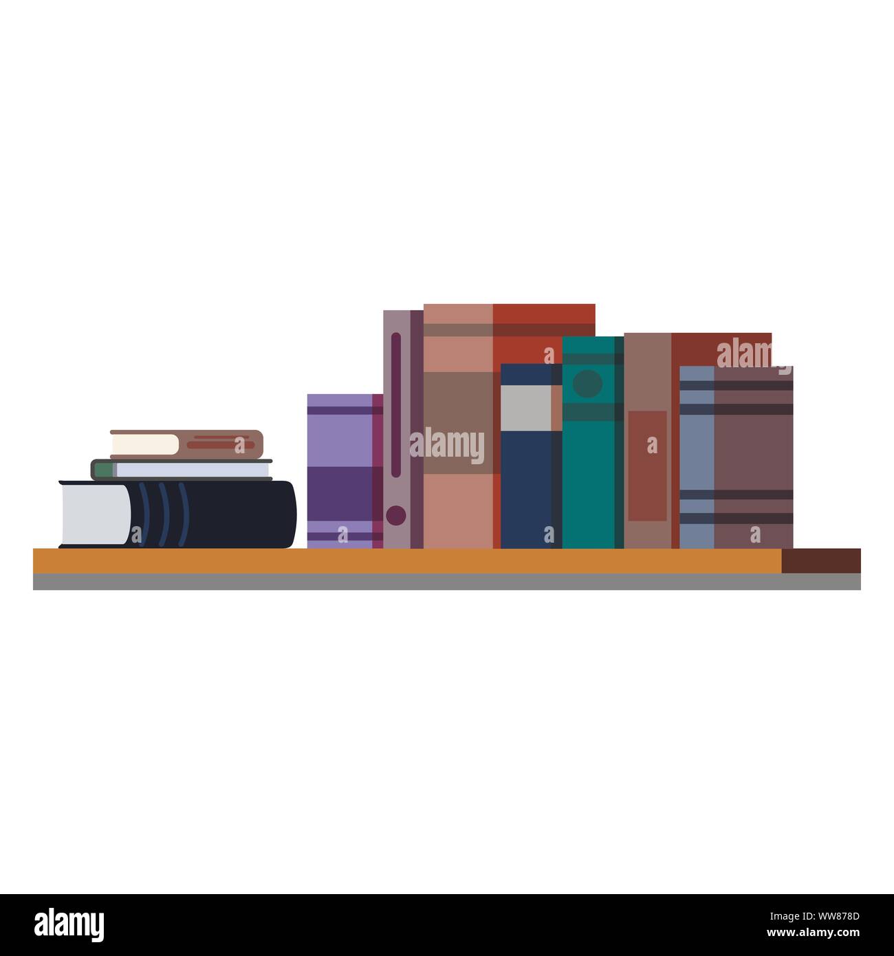 Row and stack of different colorful books on wooden shelf isolated on white background. Stock Vector
