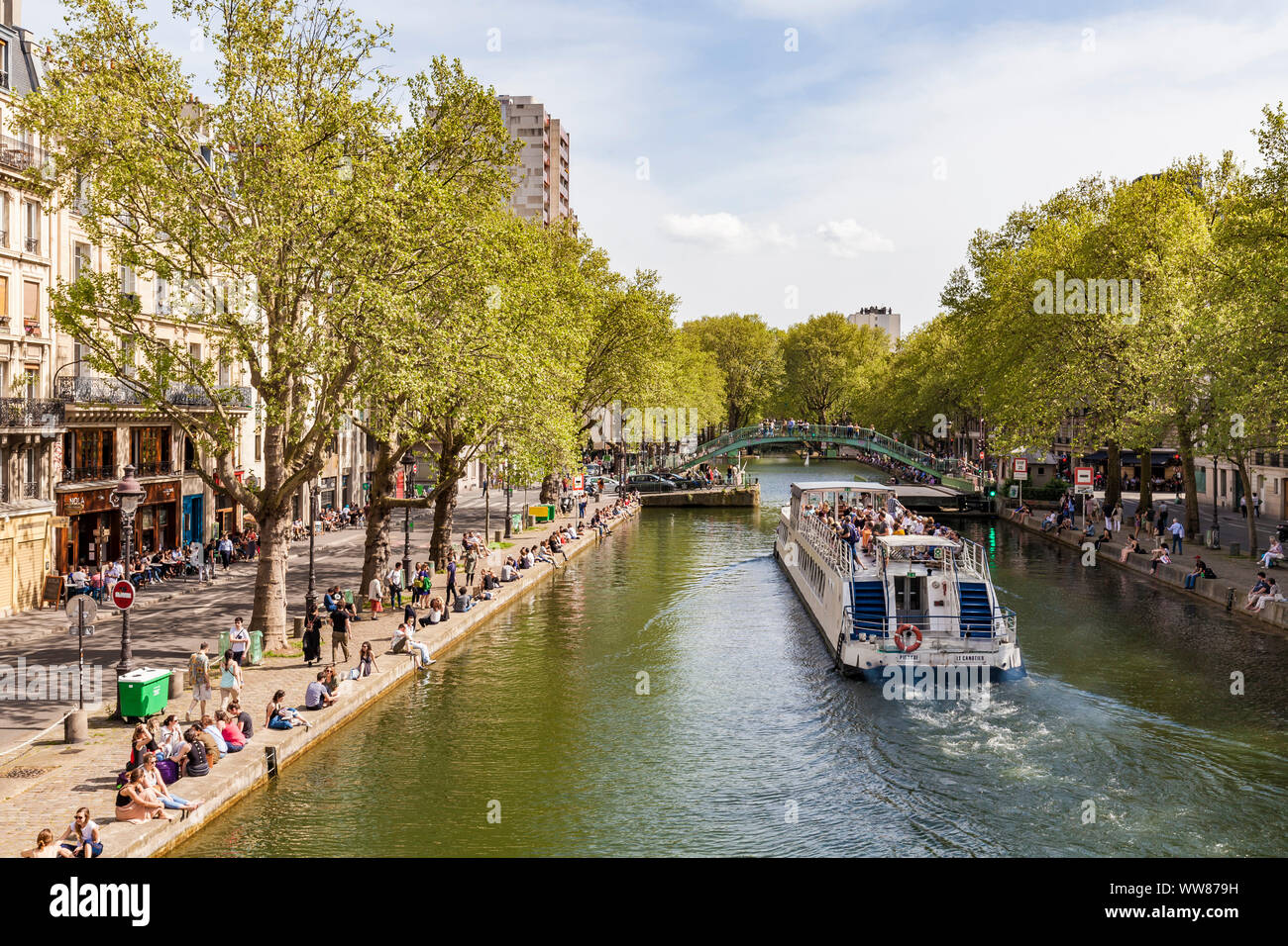 France, Paris, city centre, Canal Saint Martin, shipping channel, excursion boat, sightseeing tour Stock Photo