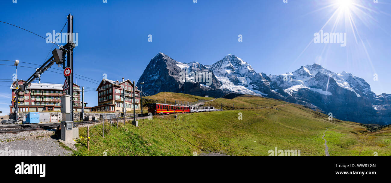 Panorama, Jungfrau Railway, Kleine Scheidegg with Eiger, MÃ¶nch and Jungfrau, Bernese Alps, Switzerland Stock Photo