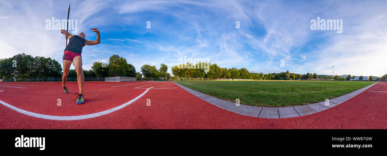 360 Â° panorama, javelin throw, woman, 23 years Stock Photo
