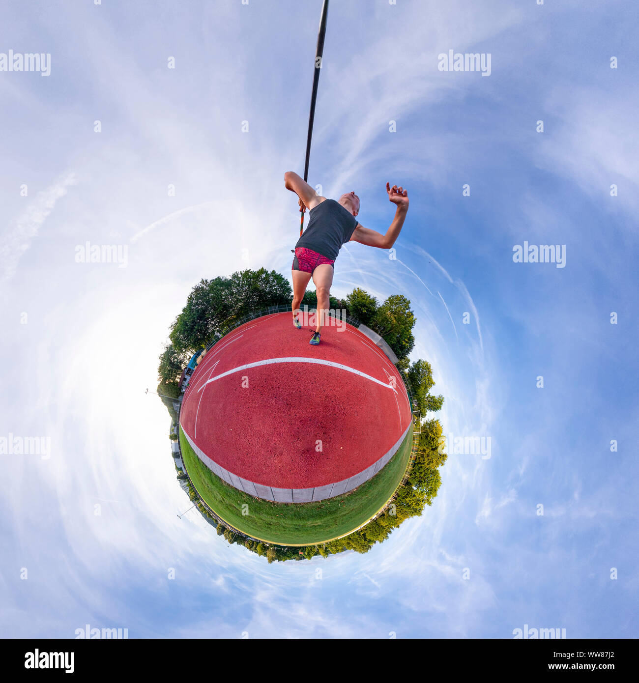 Little planet, javelin throw, woman, 23 years Stock Photo