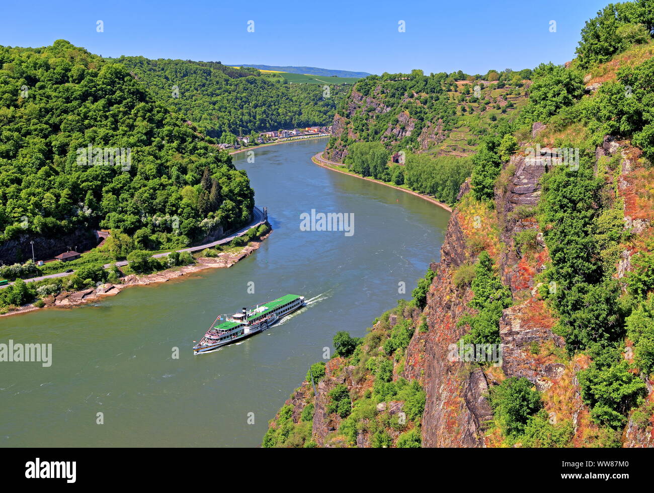 Excursion ship paddlesteamer Goethe in the Rhine Valley with the Loreley rock near St. Goarshausen, Rhine, Middle Rhine valley, Rhineland-Palatinate, West Germany, Germany Stock Photo