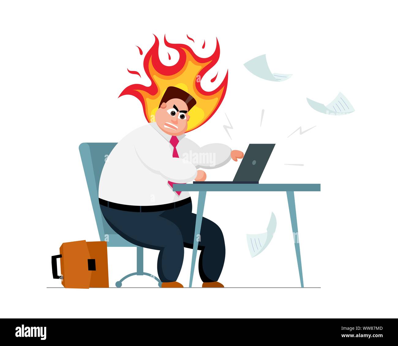 Angry burn fat office worker businessman crushing workplace. Stress and anger furious employee nervous breakdown stress career problems work burnout concept. Negative expression vector illustration Stock Vector