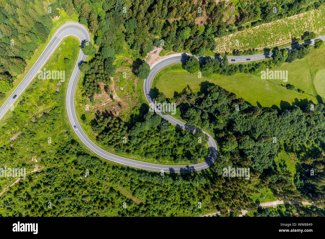 Hairpin turns, Am Bilstein, Highway L870, Motorcycle track with dangerous curves, Brilon, Sauerland, North Rhine-Westphalia, Germany Stock Photo