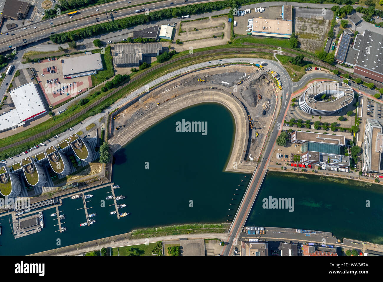 Aerial view, Am Innenhafen, timber port, ship turning area in the inner harbor between the Marina and Portsmouth dam, Techniker Krankenkasse (TK), HAVI Global Solutions Europe GmbH, Duisburg, Ruhrgebiet, North Rhine-Westphalia, Germany Stock Photo