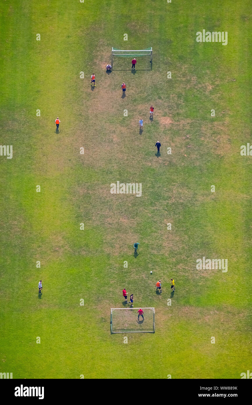 Aerial view, football field in the middle of the lawn of the Oberhausen Turnverein of 1873, sports field, football field Am Kaisergarten, Oberhausen, Ruhrgebiet, North Rhine-Westphalia, Germany Stock Photo