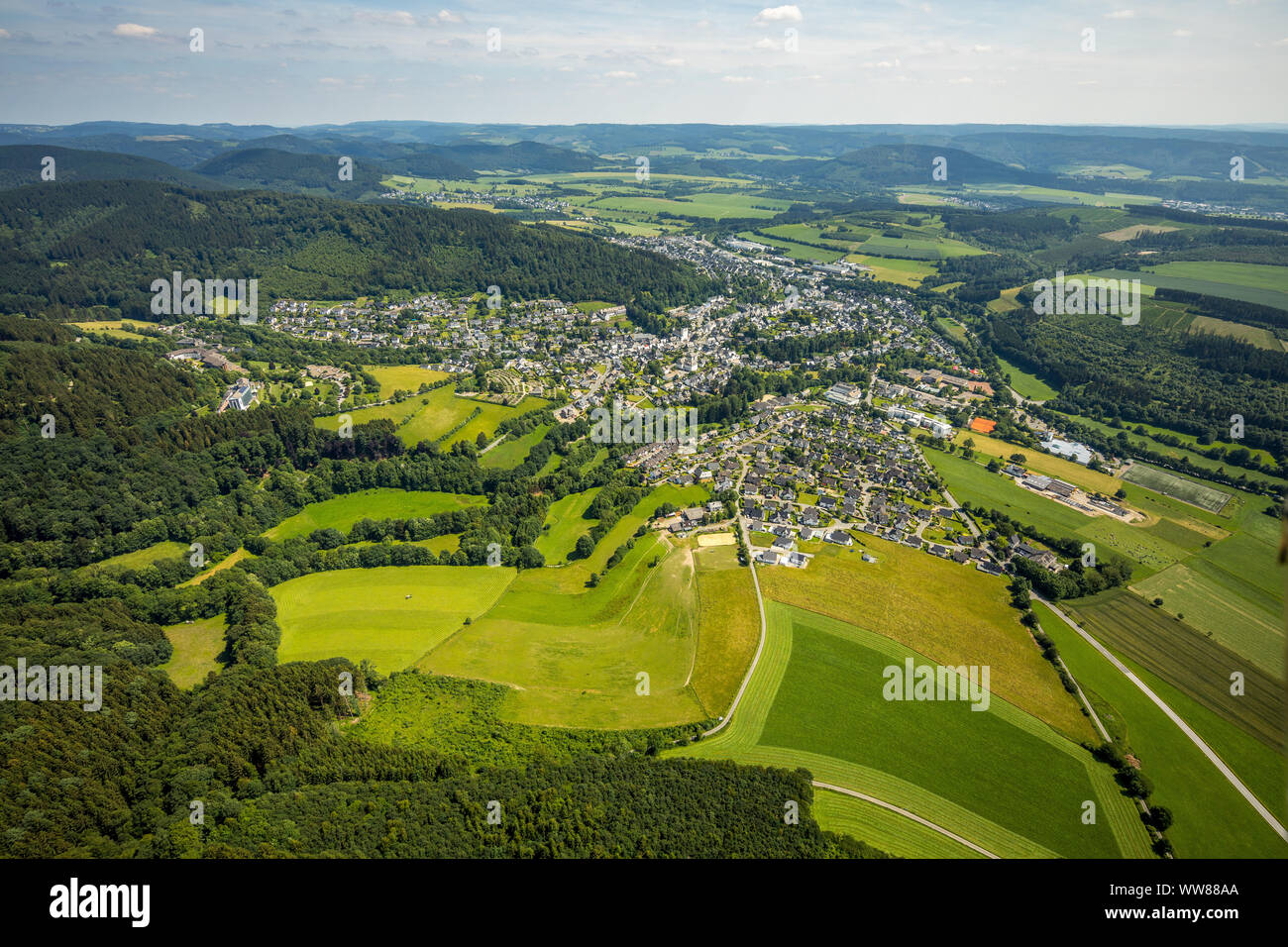 Aerial view, view from north-west to Bad Fredeburg, bypass, Schmallenberg, Sauerland, North Rhine-Westphalia, Germany Stock Photo