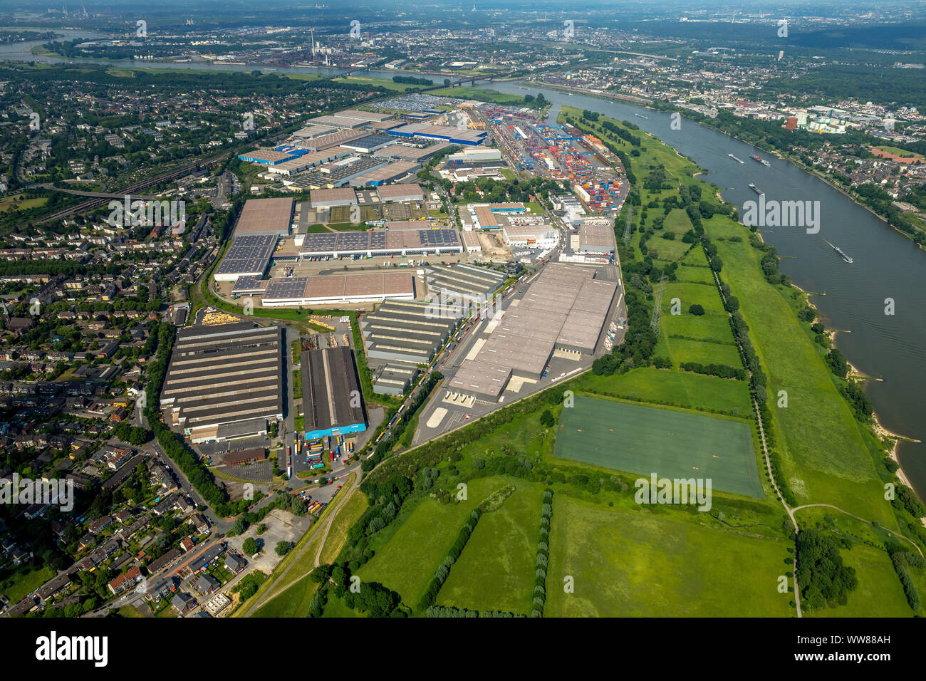 Aerial view, Port of Duisburg, logistics location Logport 1, Duisburg Rheinhausen, container port, Rhine, Rheinhausen, Duisburg, Ruhr area, North Rhine-Westphalia, Germany Stock Photo