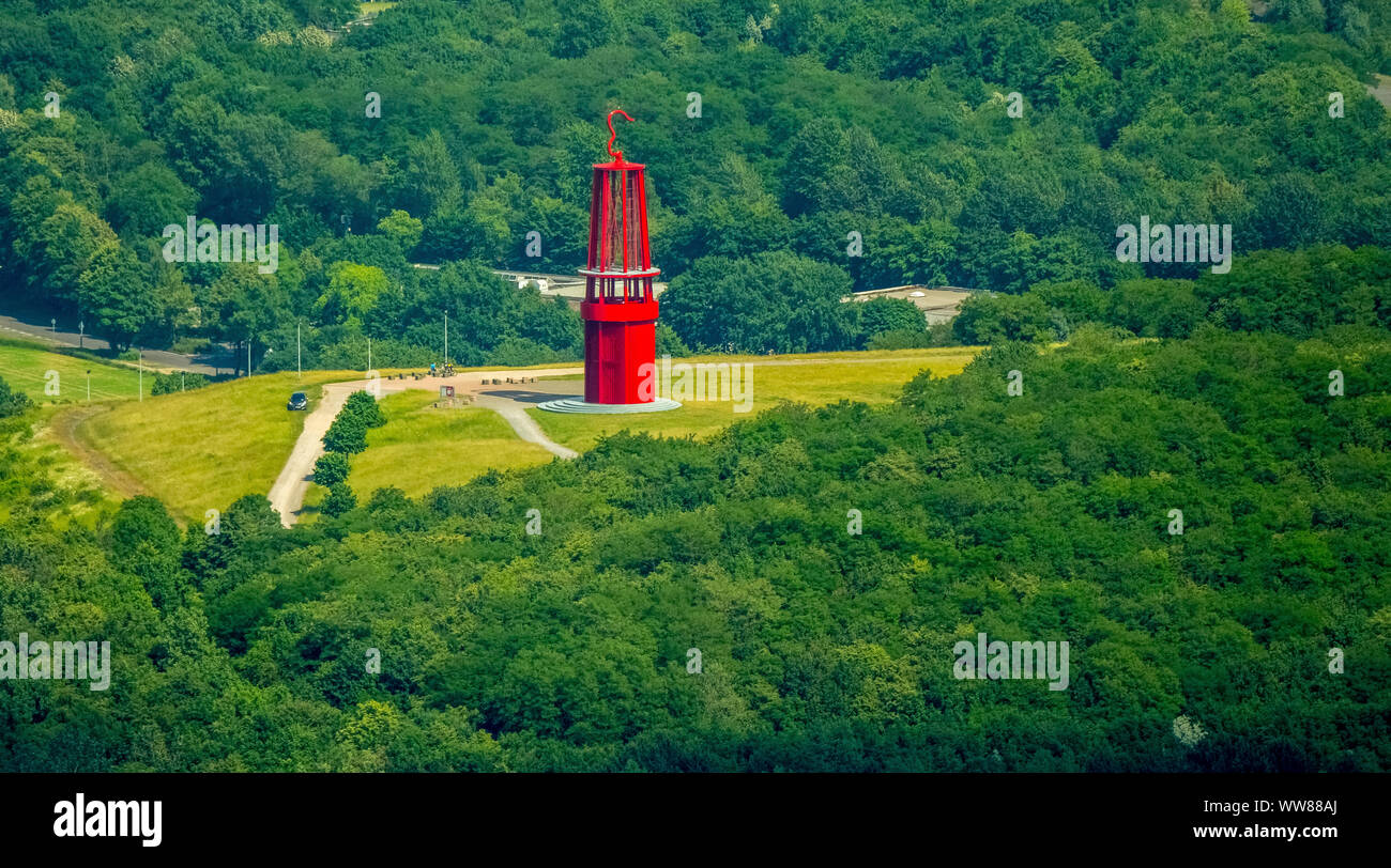 Aerial view, 'The Geleucht' miner's lamp, art object by Otto Piene on the tip Rheinpreussen, Landmark, Moers, Lower Rhine, North Rhine-Westphalia, Germany Stock Photo