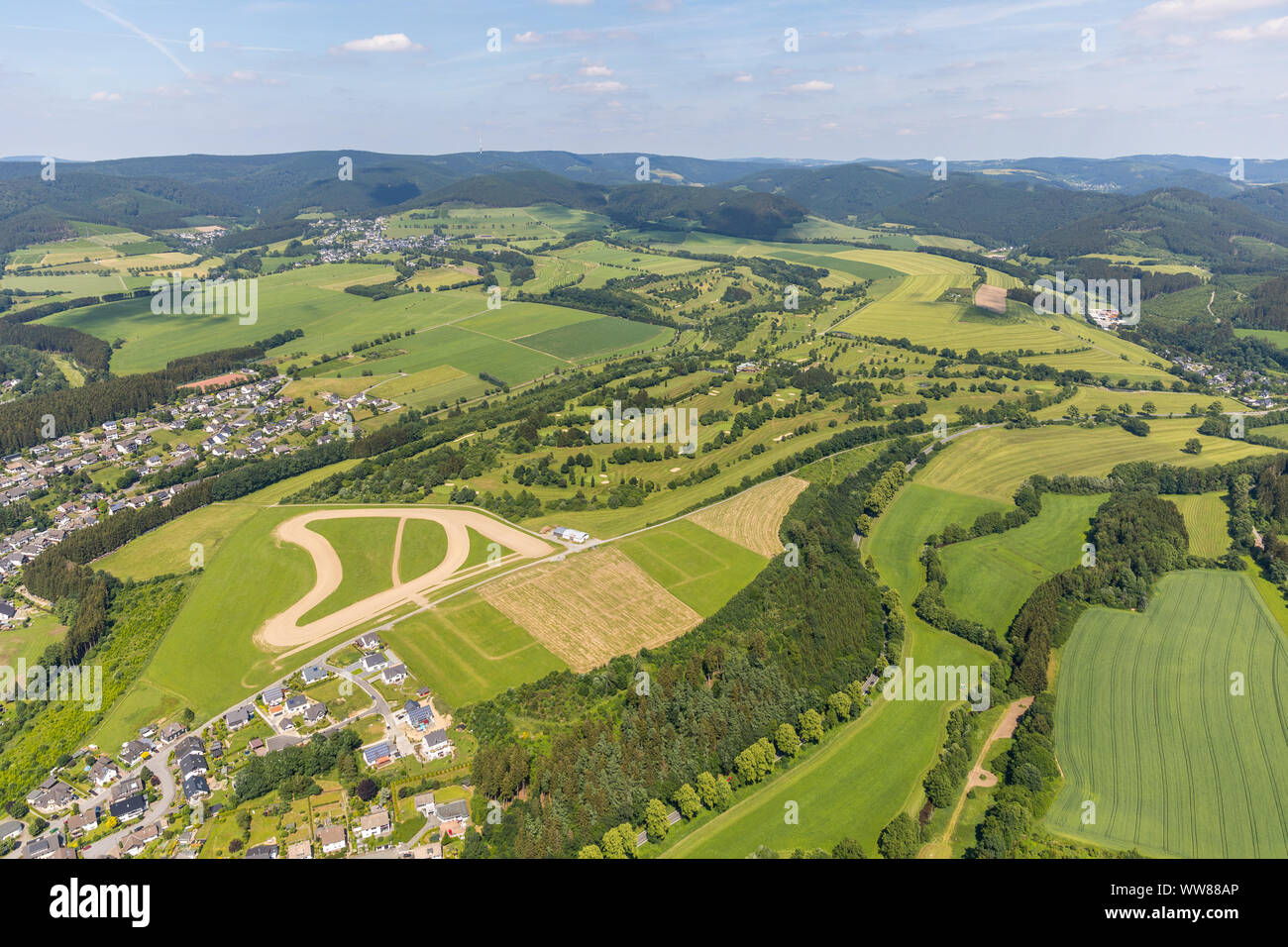 Aerial view, Cross country course Am HÃ¼gel near Golfclub Schmallenberg e.V., Schmallenberg golf course, Sauerland, North Rhine-Westphalia, Germany Stock Photo