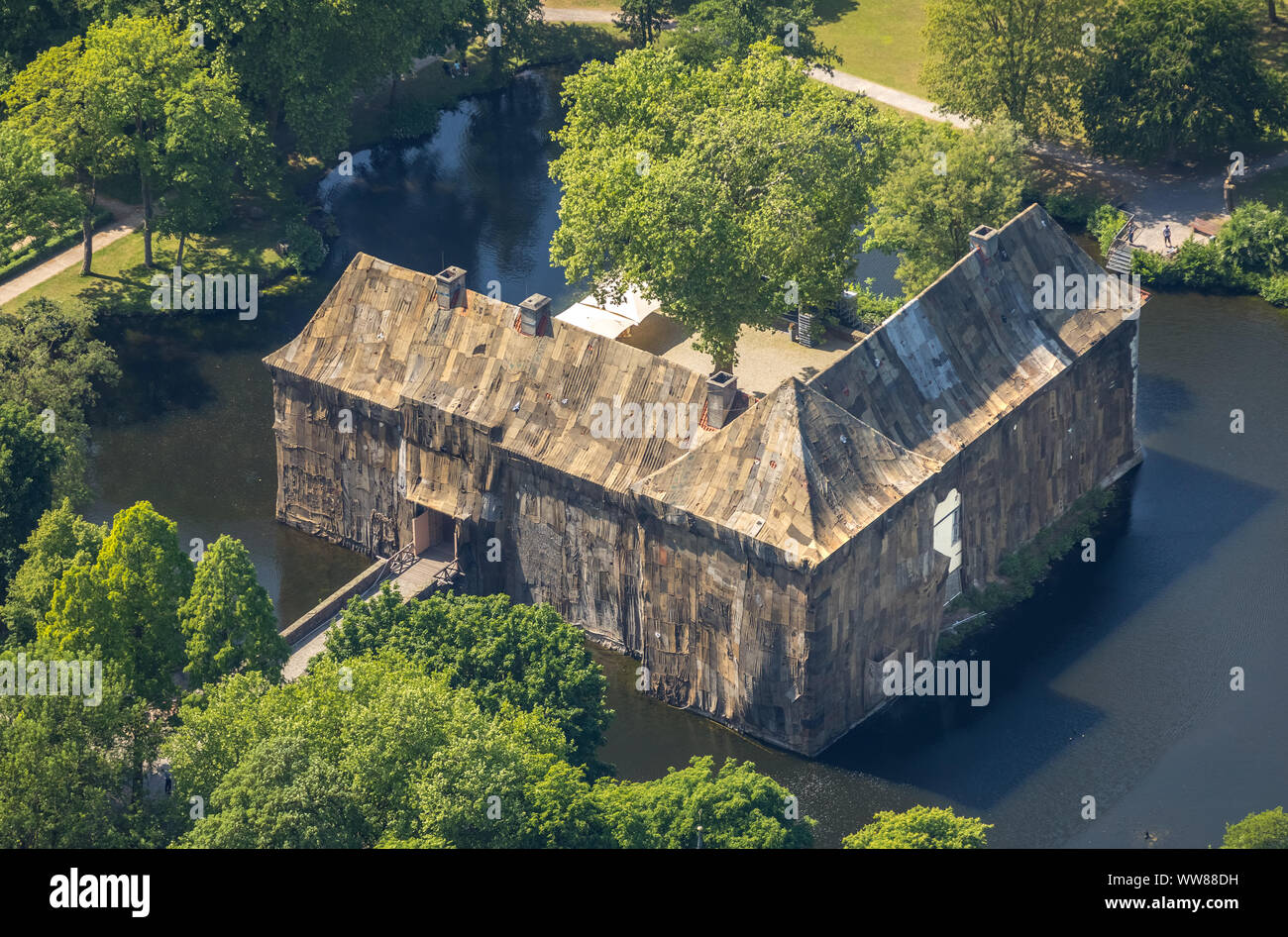 Aerial view, Emschertal Museum castle StrÃ¼nkede, art action Ghanaian artist Ibrahim Mahama, cladding of the castle StrÃ¼nkede with jute sacks for the expiration of the coal age in the Ruhr area, Herne, Ruhrgebiet, North Rhine-Westphalia, Germany Stock Photo