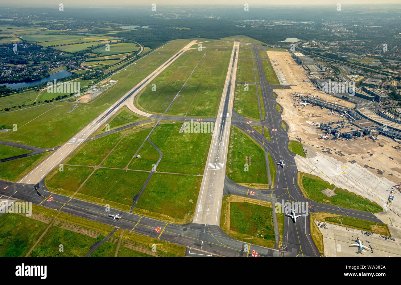 Aerial view, DÃ¼sseldorf Airport with runway 05 right and 05 left, Dusseldorf, Lower Rhine, North Rhine-Westphalia, Germany Stock Photo