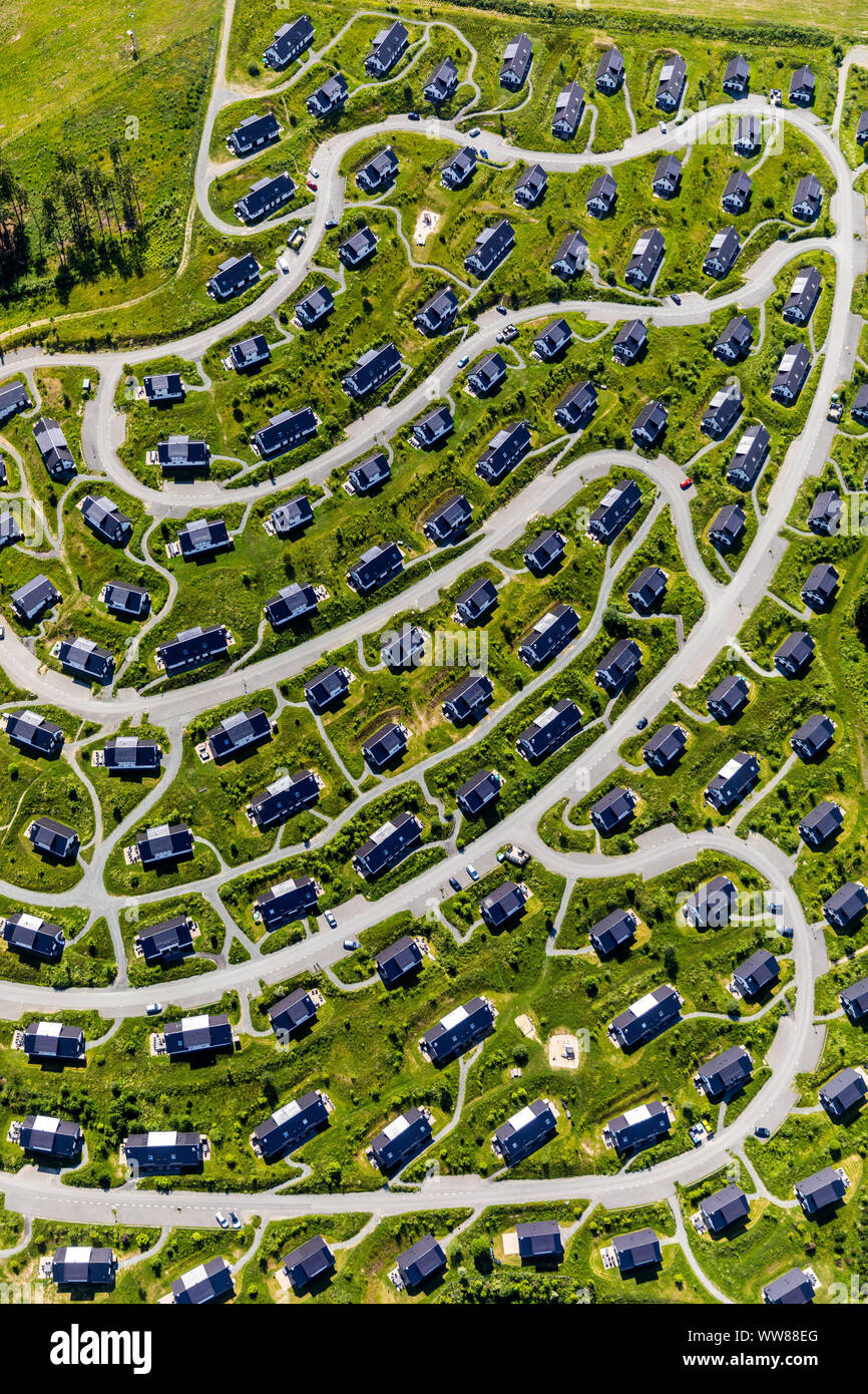 Aerial view, holiday cottages Landal Winterberg, holiday apartments, hilltop with standard houses, circular routes, Winterberg, Sauerland, North Rhine-Westphalia, Germany Stock Photo