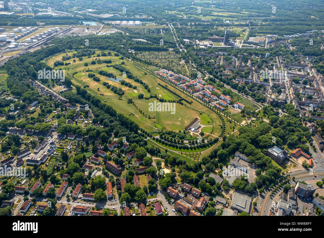 Aerial view, golf course Schloss Horst, former trotting course Horst, Schloss Horst, residential area, one-family houses, multi-family houses, Gelsenkirchen, Ruhrgebiet, North Rhine-Westphalia, Germany Stock Photo