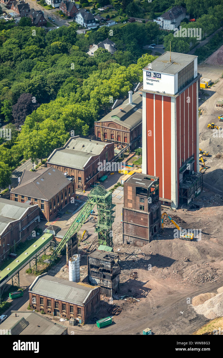 Aerial view, headframe of the colliery Friedrich Heinrich Schacht 1/2 in Kamp-Lintfort, former mine West Friedrich-Heinrich, headframe Kamp-Lintfort, Lower Rhine, North Rhine-Westphalia, Germany Stock Photo