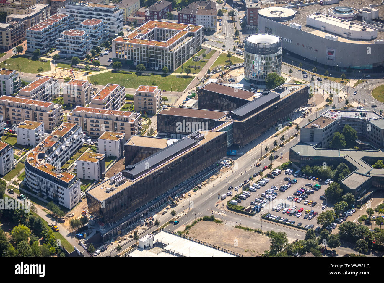 Aerial view, in the university quarter 'GrÃ¼ne Mitte Essen', one of the most modern corporate headquarters of a German media house, FUNKE MEDIENGRUPPE Essen, new head office and WAZ editorial office, Essen, Ruhrgebiet, North Rhine-Westphalia, Germany Stock Photo