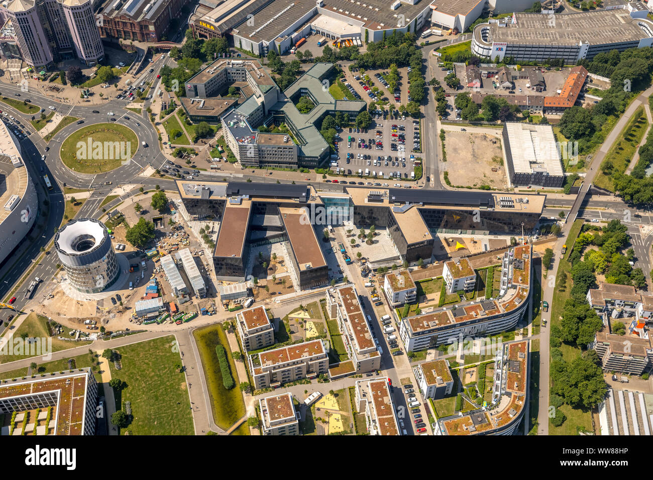 Aerial view, in the university quarter 'GrÃ¼ne Mitte Essen', one of the most modern corporate headquarters of a German media house, FUNKE MEDIENGRUPPE Essen, new head office and WAZ editorial office, Essen, Ruhrgebiet, North Rhine-Westphalia, Germany Stock Photo