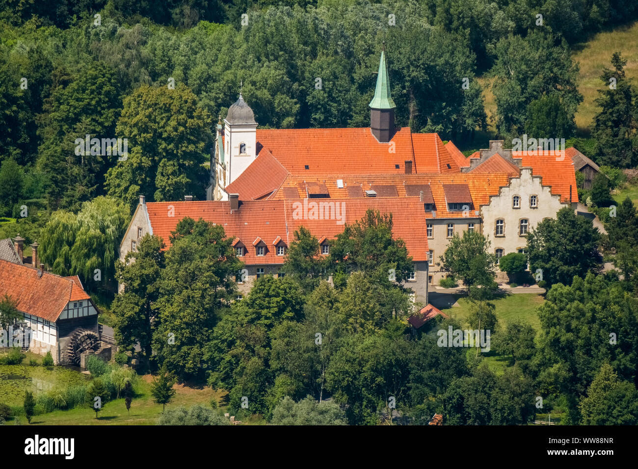 Aerial view, Vinnenberg Abbey - Place of Spiritual Experiences, Landgasthof - Zum kÃ¼hlen Grunde, Bever, State Forest Vinnenberger Busch, Warendorf, MÃ¼nsterland, North Rhine-Westphalia, Germany, Europe Stock Photo