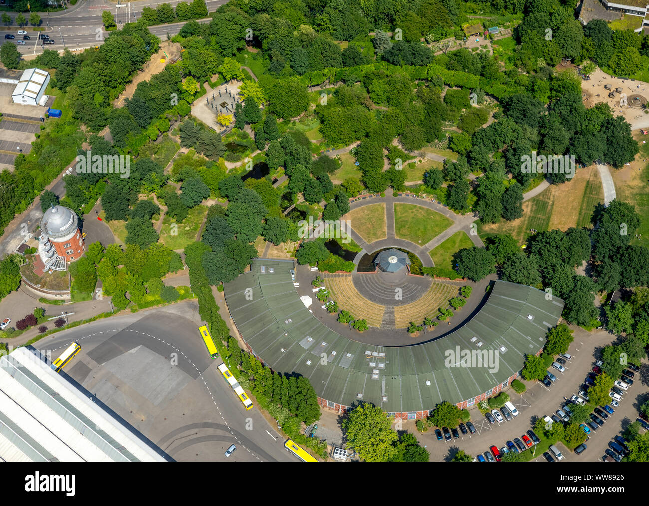 Aerial view, roundhouse in MÃ¼ga Park and Camera Obscura, MÃ¼lheim an der Ruhr, Ruhr area, North Rhine-Westphalia, Germany Stock Photo