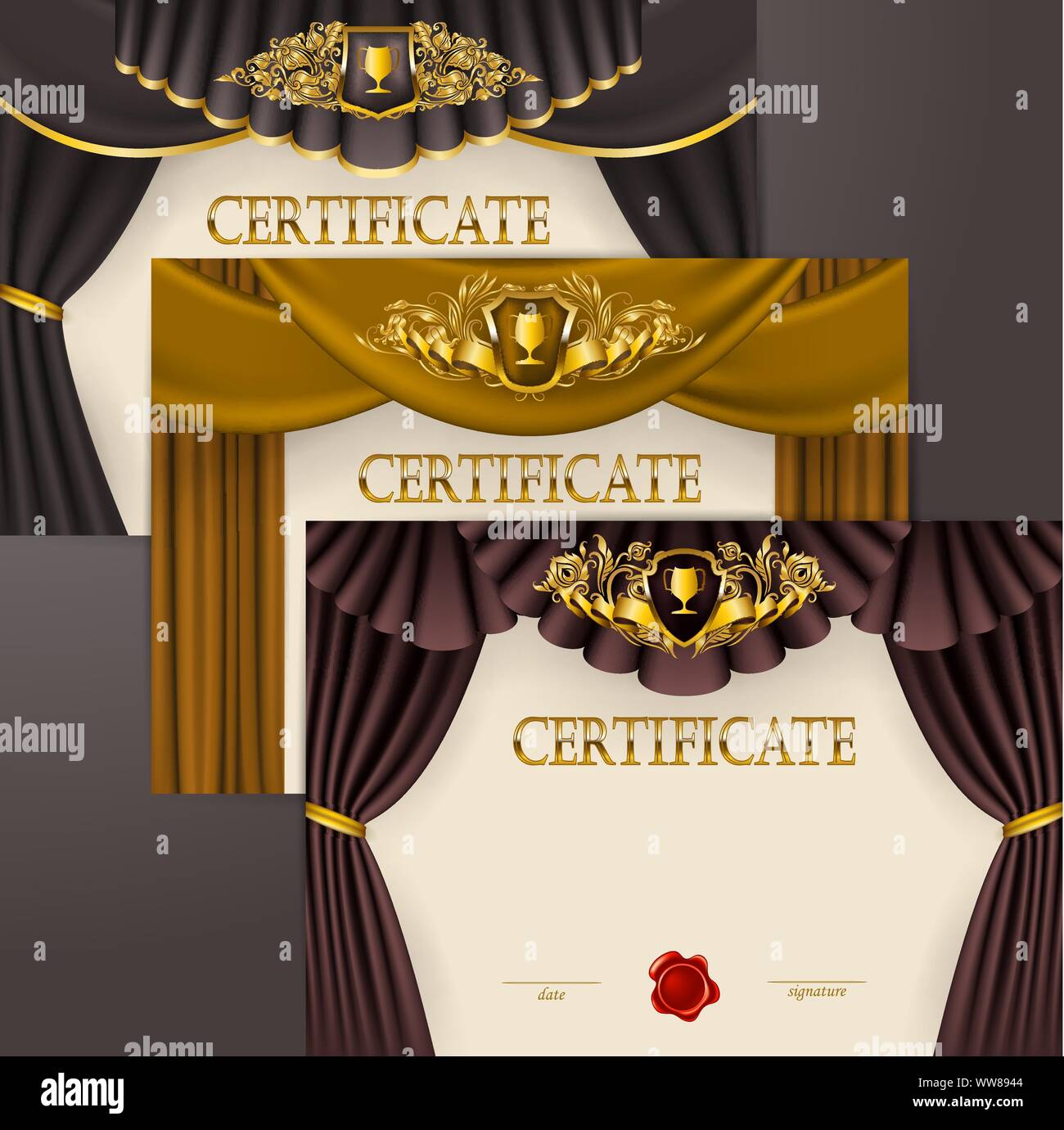 Set Of Elegant Templates Of Diploma Lace Ornament Ribbon Wax