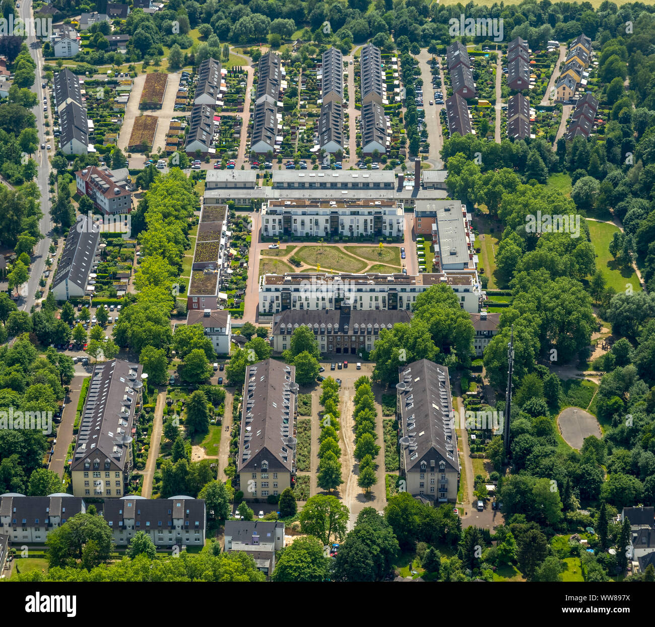 Aerial view, housing estate at the William Shakespeare ring, former barracks, MÃ¼lheim an der Ruhr, Ruhr area, North Rhine-Westphalia, Germany Stock Photo