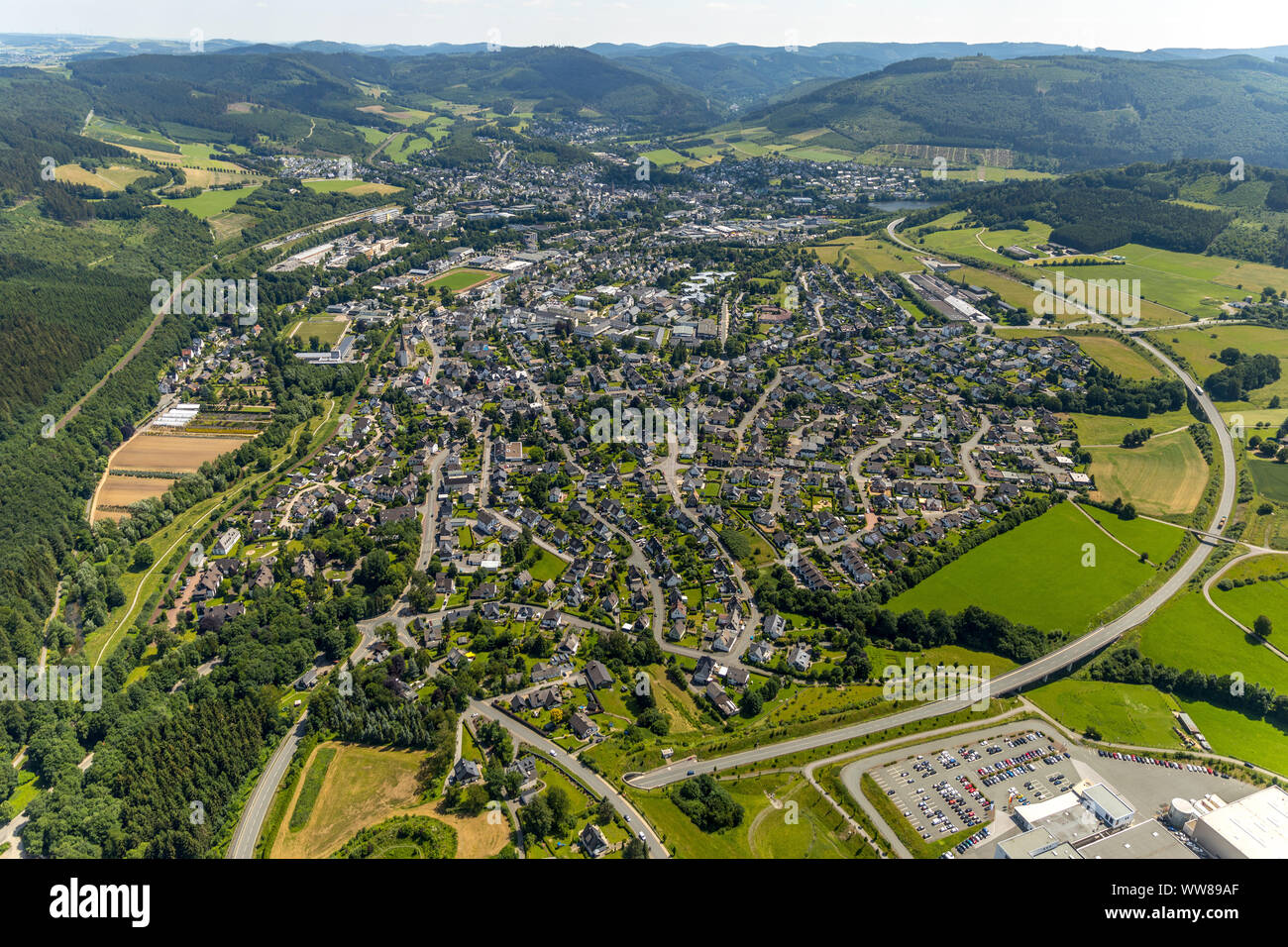 Aerial view, overview from north-west over Olsberg with bypass road B480, Olsberg, Sauerland, North Rhine-Westphalia, Germany Stock Photo